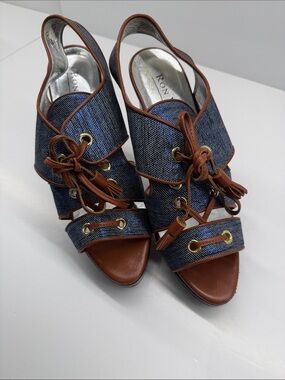 Ron White Denim and Brown Leather Slingback Lace-Up Heels